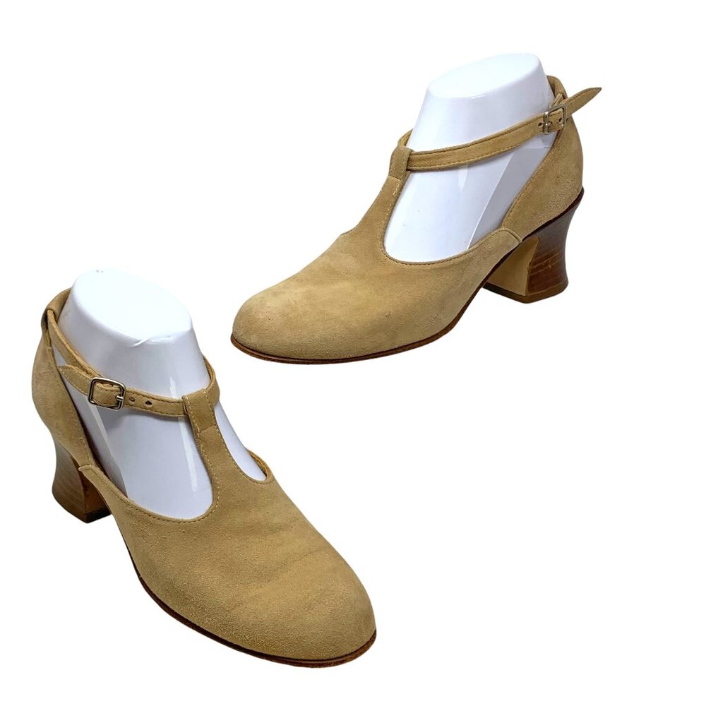 JOAN HELPERN Signature Tan Suede T‎ Strap Handmade Pumps